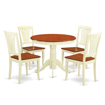 Table à manger ronde de cuisine avec 4 chaises, Crème et Merisier