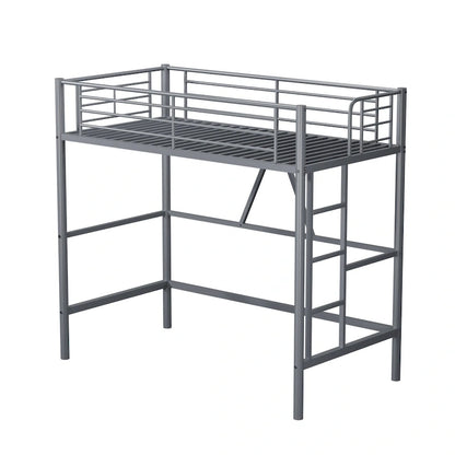 Lit mezzanine taille jumeau, cadre de lit en métal robuste avec garde-corps pleine longueur et escalier amovible pour juniors et adultes