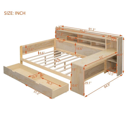 Lit de repos double en bois avec étagères de rangement