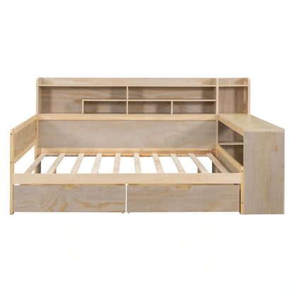Lit de repos double en bois avec étagères de rangement
