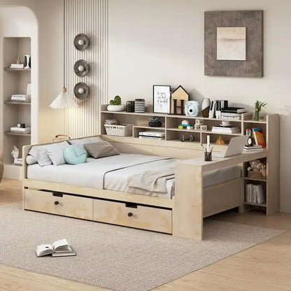 Lit de repos double en bois avec étagères de rangement