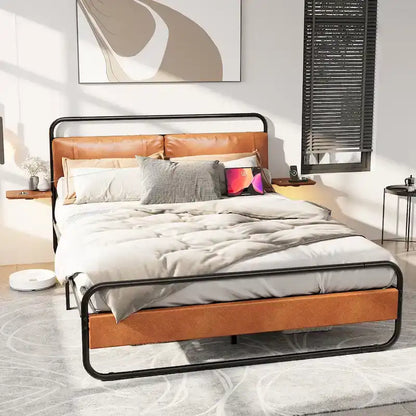 Cadre de lit en métal avec tête de lit capitonnée, chargement sans fil, USB A, USB C et lumière LED