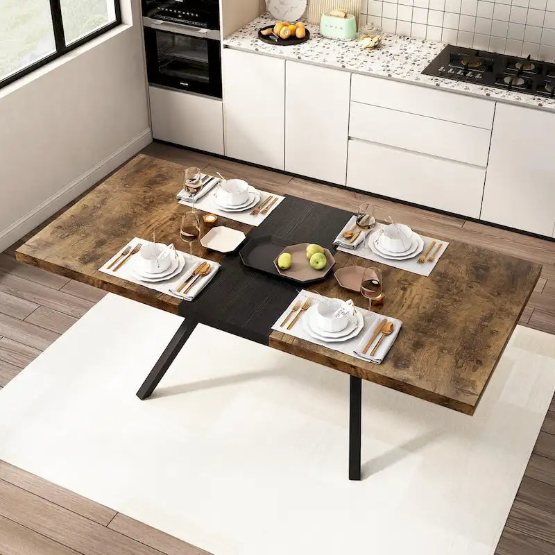 Table à manger extensible rectangulaire rétro avec piètement en croix en fer