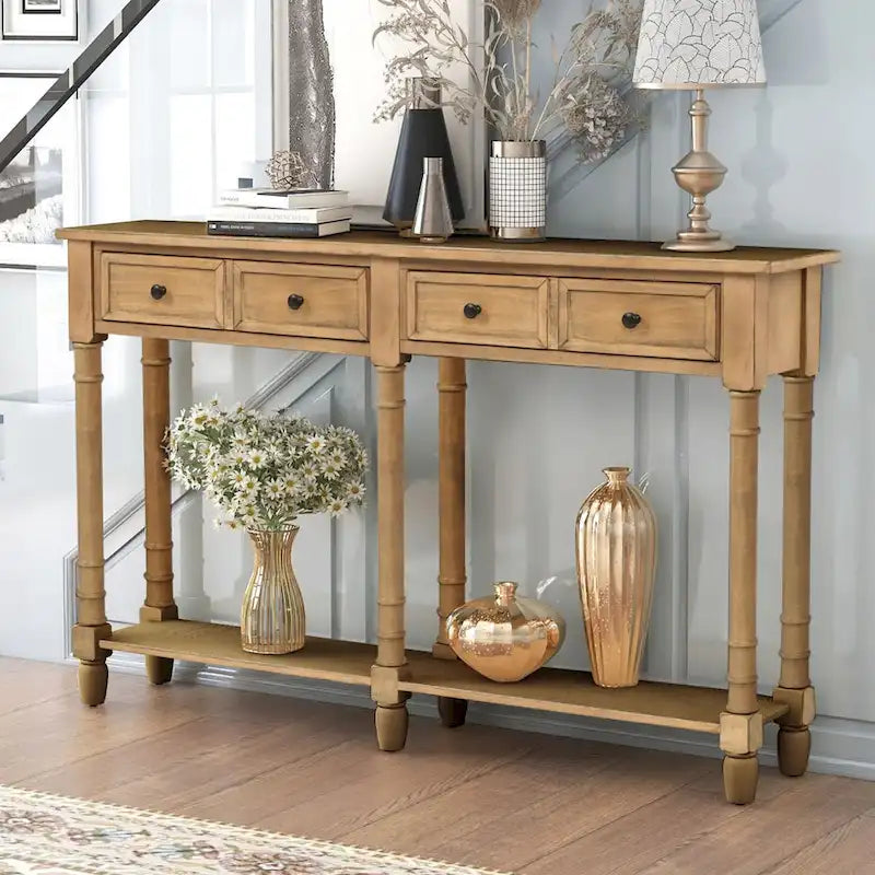 Console de table de canapé style rustique avec deux tiroirs de rangement et étagère inférieure facile à monter pour salon, entrée