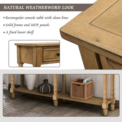 Console de table de canapé style rustique avec deux tiroirs de rangement et étagère inférieure facile à monter pour salon, entrée
