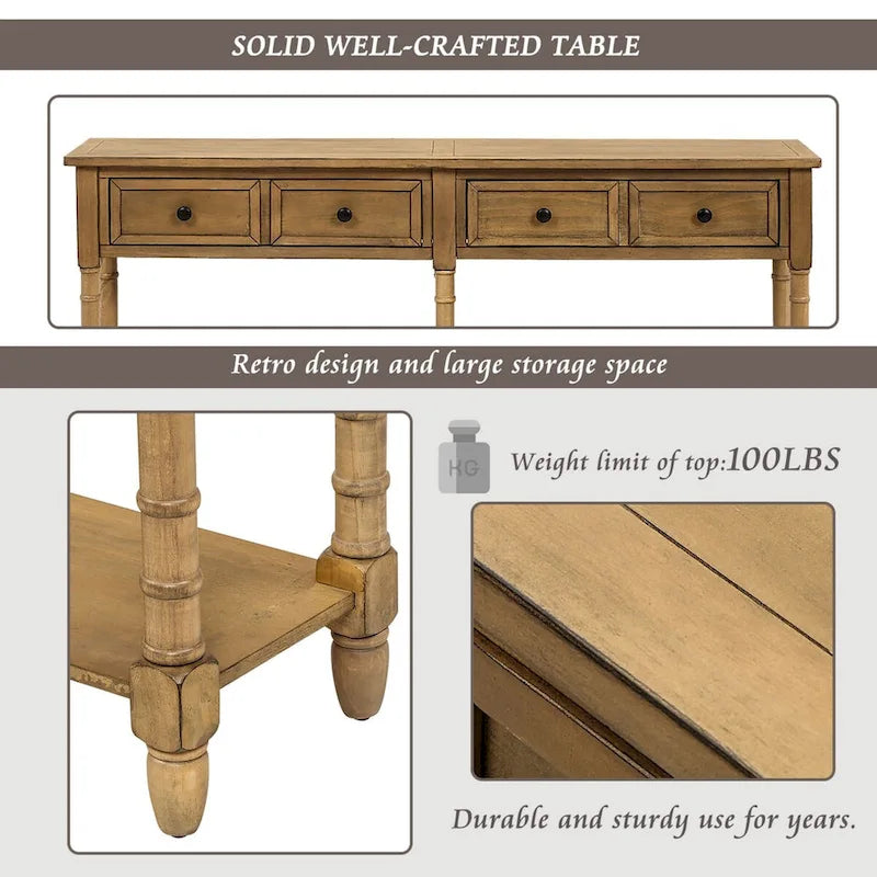Console de table de canapé style rustique avec deux tiroirs de rangement et étagère inférieure facile à monter pour salon, entrée
