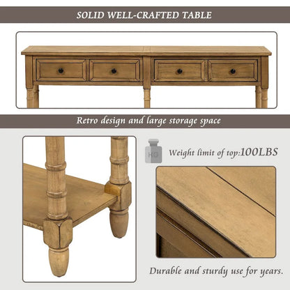 Console de table de canapé style rustique avec deux tiroirs de rangement et étagère inférieure facile à monter pour salon, entrée