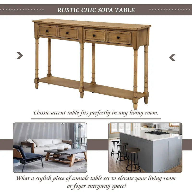 Console de table de canapé style rustique avec deux tiroirs de rangement et étagère inférieure facile à monter pour salon, entrée