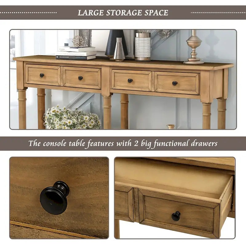 Console de table de canapé style rustique avec deux tiroirs de rangement et étagère inférieure facile à monter pour salon, entrée
