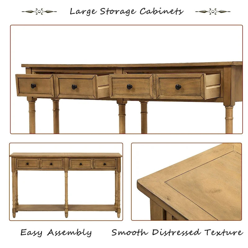 Console de table de canapé style rustique avec deux tiroirs de rangement et étagère inférieure facile à monter pour salon, entrée