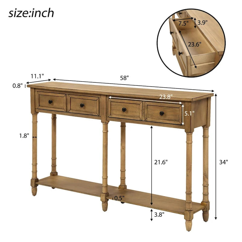 Console de table de canapé style rustique avec deux tiroirs de rangement et étagère inférieure facile à monter pour salon, entrée