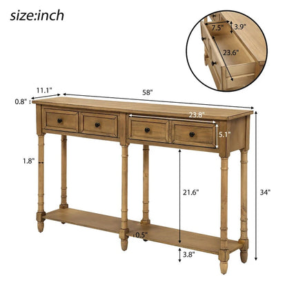 Console de table de canapé style rustique avec deux tiroirs de rangement et étagère inférieure facile à monter pour salon, entrée