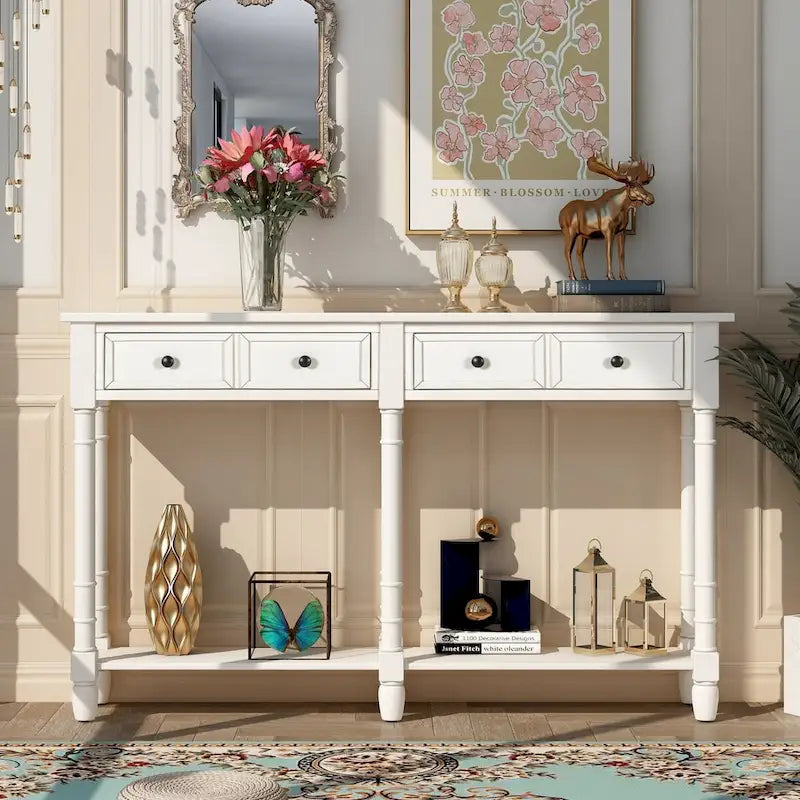 Console de table de canapé style rustique avec deux tiroirs de rangement et étagère inférieure facile à monter pour salon, entrée