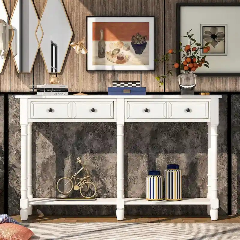 Console de table de canapé style rustique avec deux tiroirs de rangement et étagère inférieure facile à monter pour salon, entrée