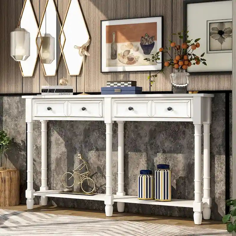 Console de table de canapé style rustique avec deux tiroirs de rangement et étagère inférieure facile à monter pour salon, entrée