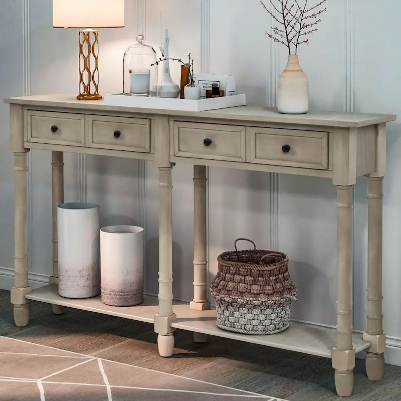 Console de table de canapé style rustique avec deux tiroirs de rangement et étagère inférieure facile à monter pour salon, entrée