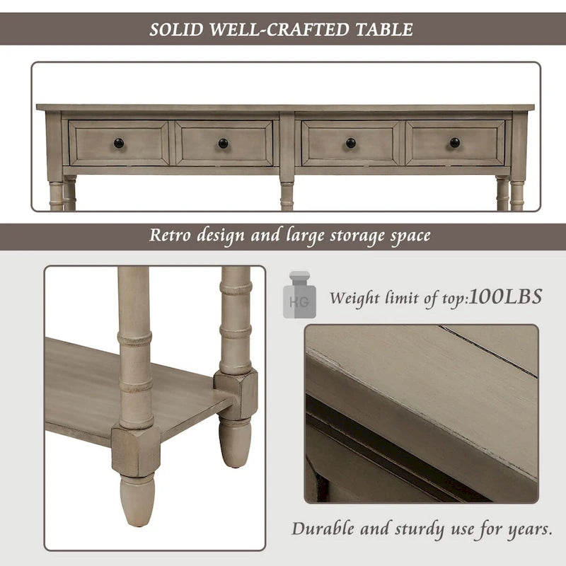 Console de table de canapé style rustique avec deux tiroirs de rangement et étagère inférieure facile à monter pour salon, entrée