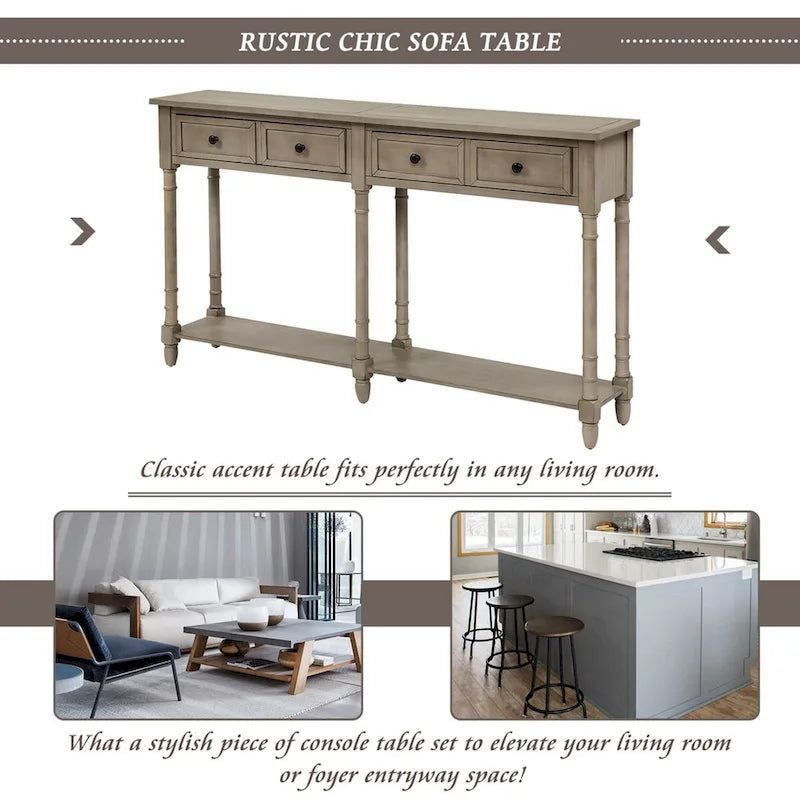 Console de table de canapé style rustique avec deux tiroirs de rangement et étagère inférieure facile à monter pour salon, entrée