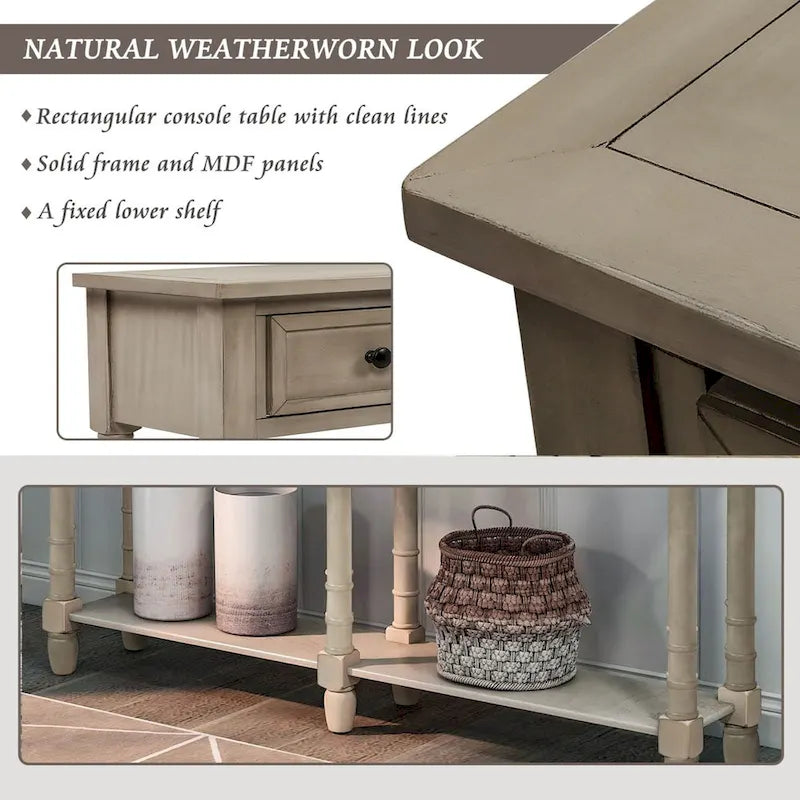 Console de table de canapé style rustique avec deux tiroirs de rangement et étagère inférieure facile à monter pour salon, entrée