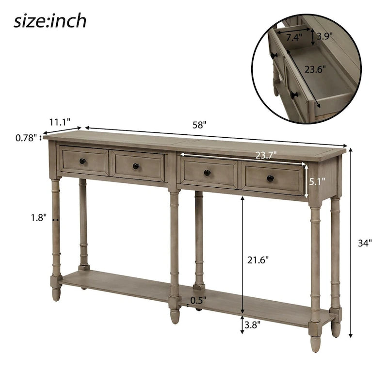 Console de table de canapé style rustique avec deux tiroirs de rangement et étagère inférieure facile à monter pour salon, entrée