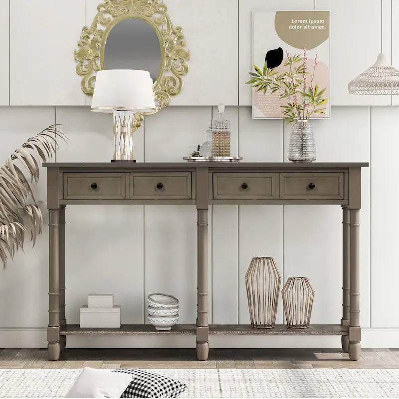 Console de table de canapé style rustique avec deux tiroirs de rangement et étagère inférieure facile à monter pour salon, entrée