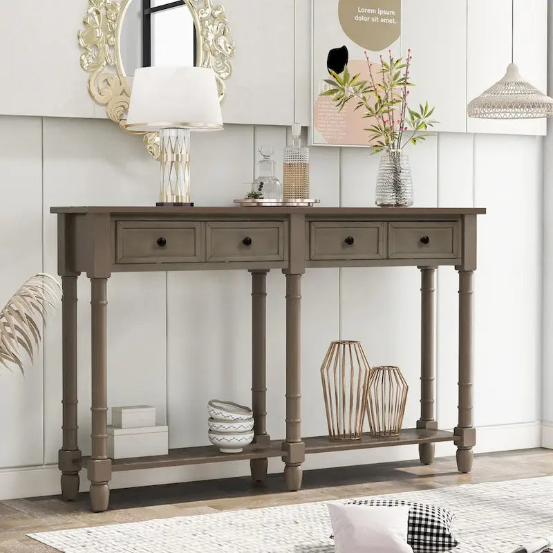 Console de table de canapé style rustique avec deux tiroirs de rangement et étagère inférieure facile à monter pour salon, entrée