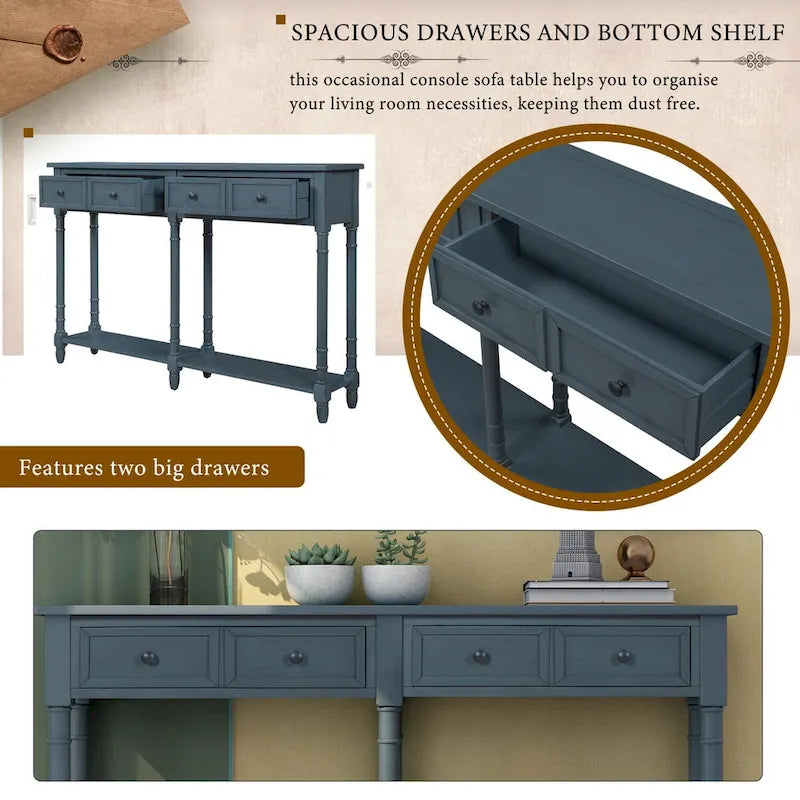 Console de table de canapé style rustique avec deux tiroirs de rangement et étagère inférieure facile à monter pour salon, entrée