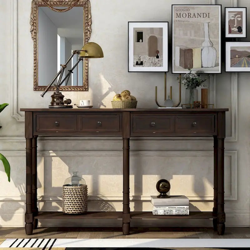 Console de table de canapé style rustique avec deux tiroirs de rangement et étagère inférieure facile à monter pour salon, entrée