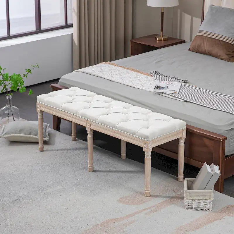 Banc de bout de lit de chambre à coucher 46 po rembourré crème et blanc avec capitonnage, rembourrage épais et pieds en bois