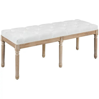 Banc de bout de lit de chambre à coucher 46 po rembourré crème et blanc avec capitonnage, rembourrage épais et pieds en bois