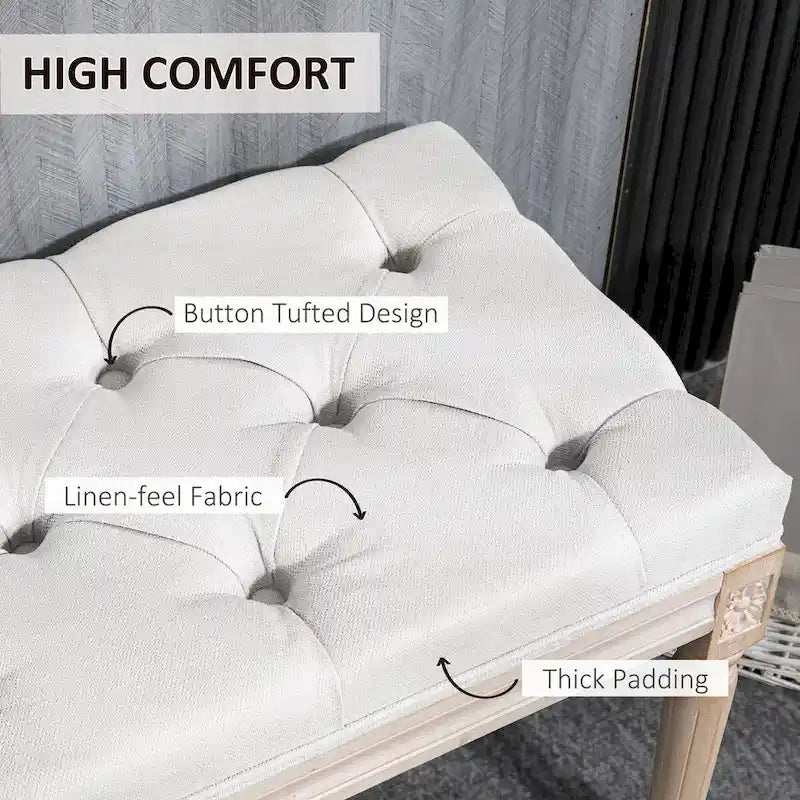 Banc de bout de lit de chambre à coucher 46 po rembourré crème et blanc avec capitonnage, rembourrage épais et pieds en bois