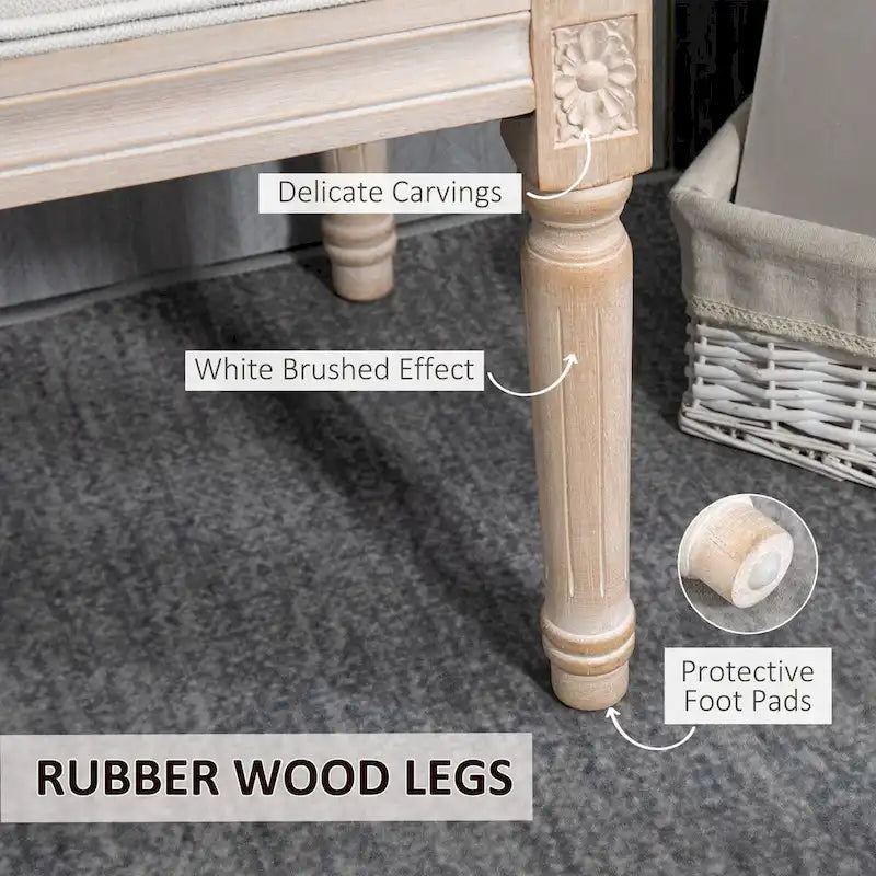 Banc de bout de lit de chambre à coucher 46 po rembourré crème et blanc avec capitonnage, rembourrage épais et pieds en bois
