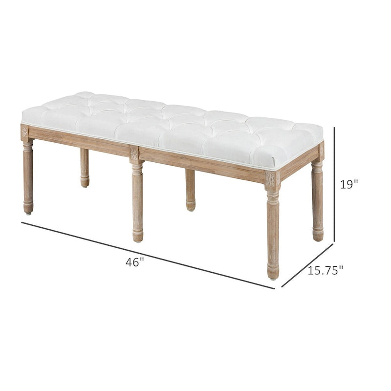 Banc de bout de lit de chambre à coucher 46 po rembourré crème et blanc avec capitonnage, rembourrage épais et pieds en bois