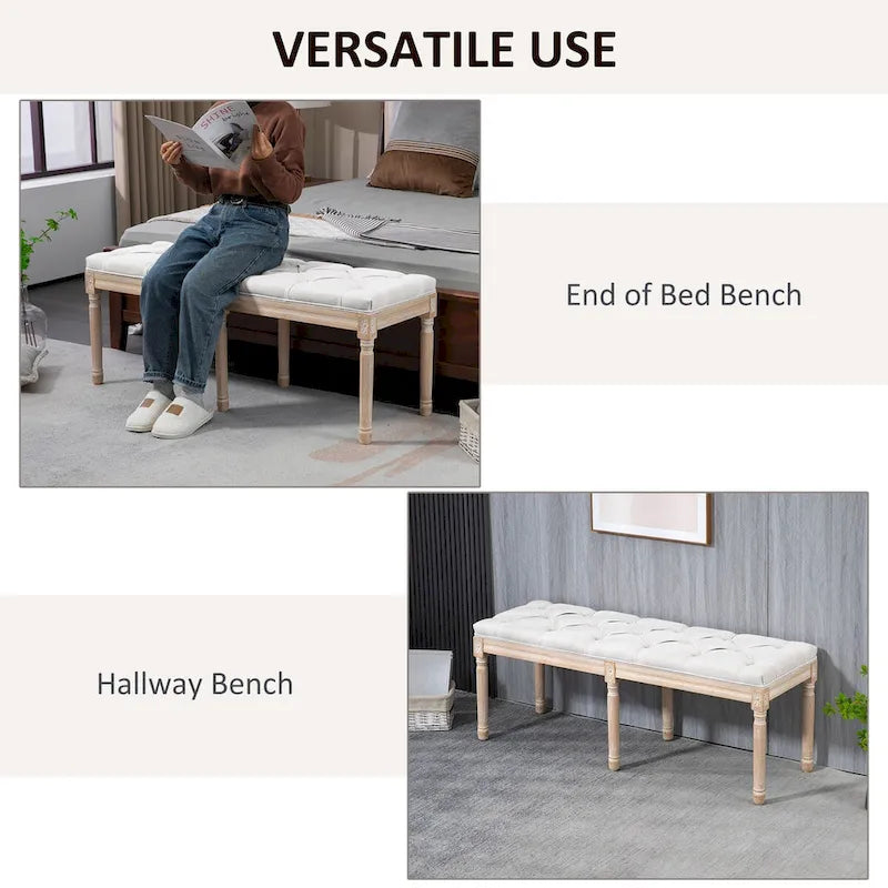 Banc de bout de lit de chambre à coucher 46 po rembourré crème et blanc avec capitonnage, rembourrage épais et pieds en bois