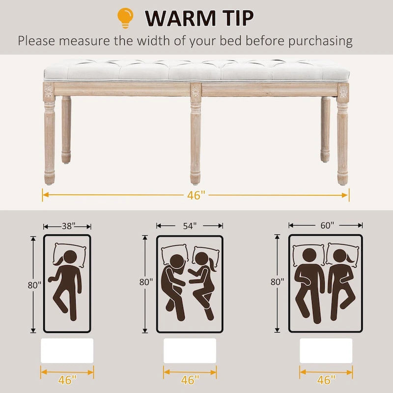 Banc de bout de lit de chambre à coucher 46 po rembourré crème et blanc avec capitonnage, rembourrage épais et pieds en bois