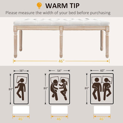 Banc de bout de lit de chambre à coucher 46 po rembourré crème et blanc avec capitonnage, rembourrage épais et pieds en bois