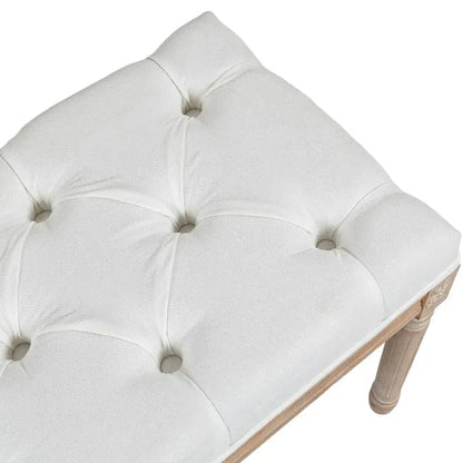 Banc de bout de lit de chambre à coucher 46 po rembourré crème et blanc avec capitonnage, rembourrage épais et pieds en bois