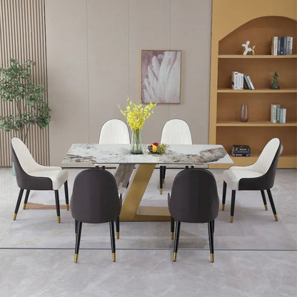 Table de salle à manger contemporaine en marbre doré de 180 cm avec 6 chaises