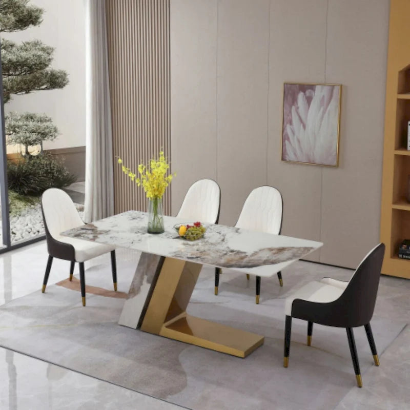 Table de salle à manger contemporaine en marbre doré de 180 cm avec 6 chaises