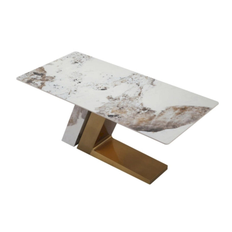Table de salle à manger contemporaine en marbre doré de 180 cm avec 6 chaises