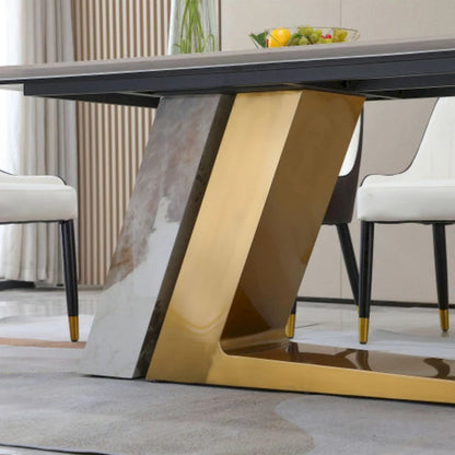 Table de salle à manger contemporaine en marbre doré de 180 cm avec 6 chaises