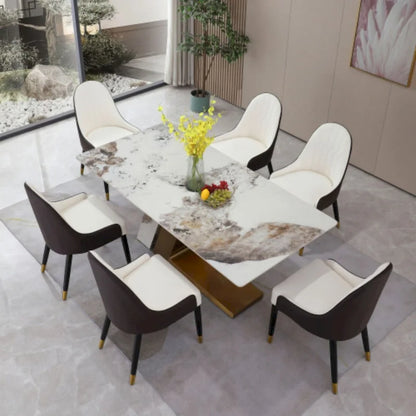 Table de salle à manger contemporaine en marbre doré de 180 cm avec 6 chaises